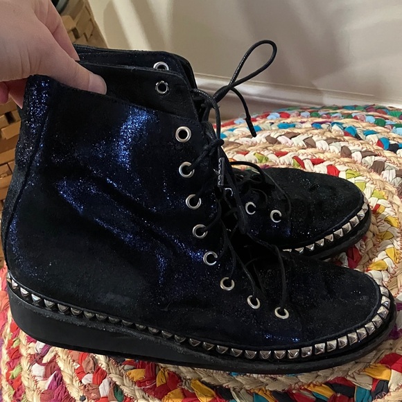 Calleen Cordero Navy Metallic Leather glitter Studded Women's Boots - Picture 2 of 7